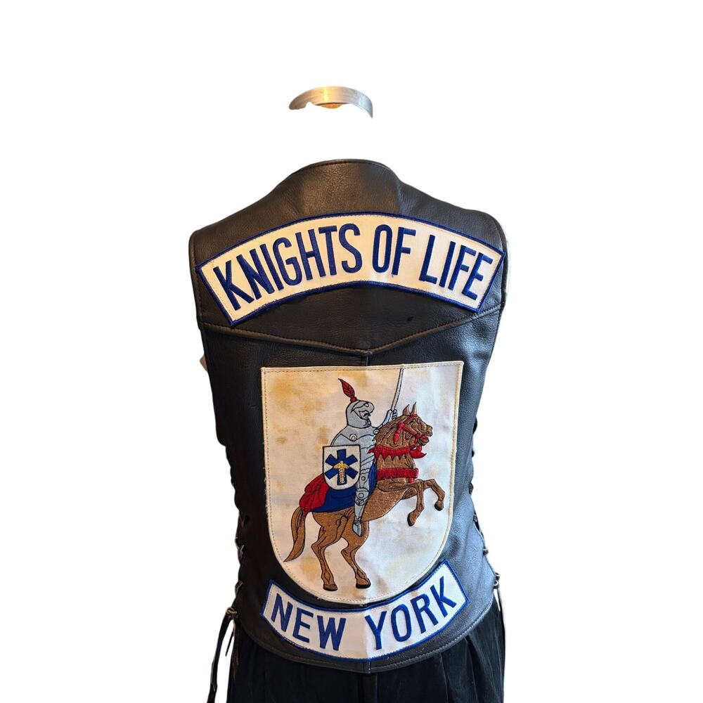 Vtg Branded Garments USA Leather Motorcycle Vest Knights of Life New York Sz 36